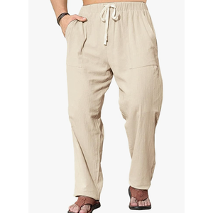 Men's Elastic Waist Linen Trousers Drawstring Male Casual Linen Pants Straight-Legs Man Beach Pant, XL Size