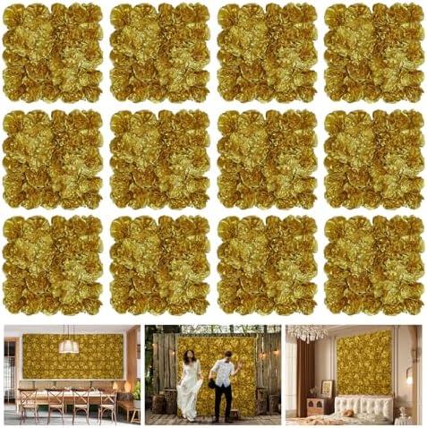 RIDDSEE Autumn Collection Artificial Fall Flower Wall Panels - 12-Piece Set of 15x15inch Gold Silk Roses Flowers Wall Backdrops for Fall Weddings Thanksgiving Background and Seasonal Home Elegance