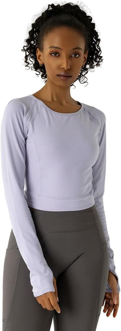 Women's Long-Sleeve Crop Top - Open Back Tie, Thumbholes Moisture-Wicking Quick-Dry for Yoga, Fitness & Workout (L)