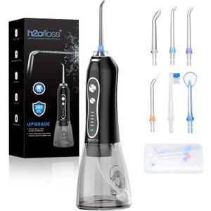 H2ofloss Water Dental Flosser Teeth Pick -Portable Oral Irrigator with 5 Modes, Rechargeable IPX7 Waterproof Orthodontic Teeth Cleaner Pick Cordless for Home Travel-300ml Water Tank (Black)