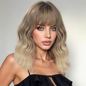 Ucubb Short Curly Wig with Bangs for Women 14 Inches Wavy Bob Wig Synthetic Heat Resistant Fiber Wigs (RT4/10/60#)