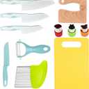 RISICULIS 11 Pieces Wooden Kids Kitchen Knife, Blue Kids Knife Set Include Wood Kids Knife, Serrated Edges Plastic Toddler Knife, Crinkle Cutter, Sandwich Cutter, Y Peeler, Cutting Board