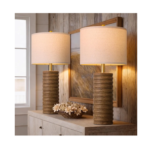 PoKat Farmhouse Table Lamps Set of 2 for Living Room, 27'' Tall Retro Ceramic Bedside Lamps with Linen Lampshade for Bedroom, Vintage Wood-Like Rustic Nightstand Lamp Office Sideboard Hallway (Brown)