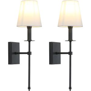 PERMO Set of 2 Classic Rustic Industrial Wall Sconce Lighting Fixture with Flared White Textile Lamp Shade and Black Tapered Column Stand, Hardwired, E26 Base