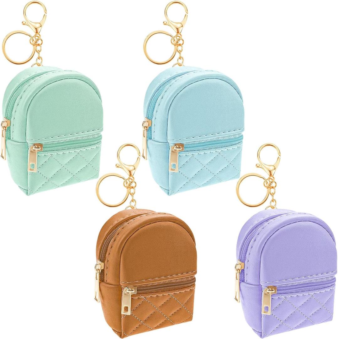 Aswewamt 3 Pcs Mini Backpack Cosmetic Bag Keychain PU Leather Lipstick Holder Cute Case Coin Purse Wallet Card Holder Data Cable Organizer Zipper Pouch for Women (Blue+Green+Purple)