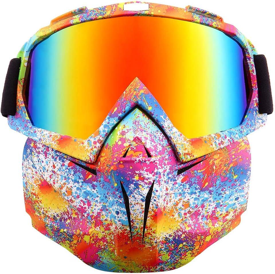 SPOSUNE Motorcycle Goggles Paintball Mask, Detachable Face Mask, Dirt Bike Safety Goggles for Men Women (Mt-003-colour&color Lens)