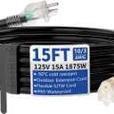 15ft Outdoor/Indoor Extension Cord with Lighted 10/3 Gauge Ultra 3 Prong Heavy Duty SJTW, Waterproof, Flexible Cold-Resistant,15A 125V 1875W, Black