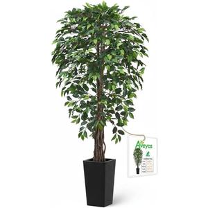 Aveyas 6ft Artificial Ficus Tree for Home Decor with Black Pot, 6 Feet Faux Plant Fake Silk Trees for Indoor Outdoor House Living Room Office Garden (6 ft Tall Including Raised Pot)