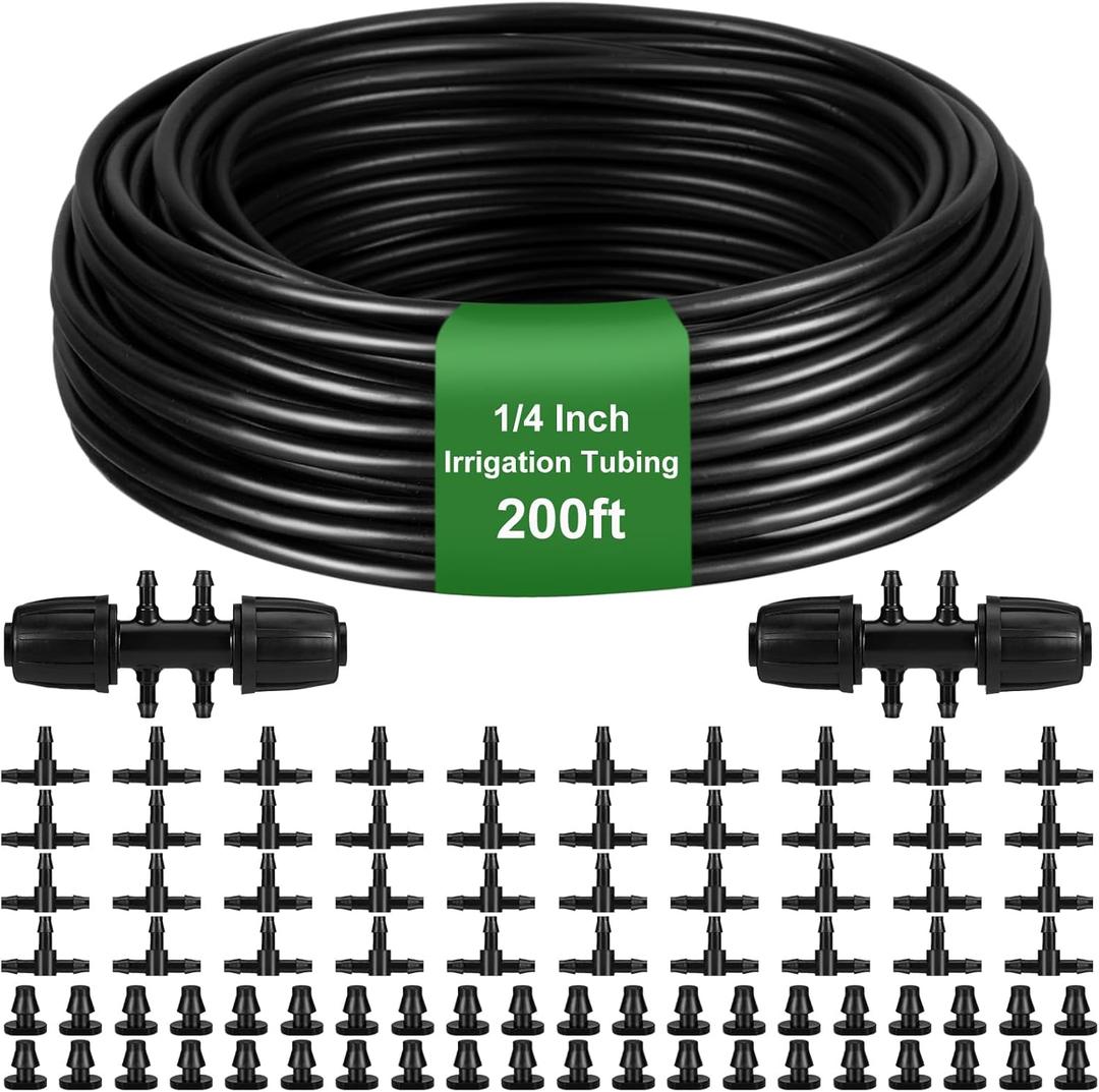 Tondiamo 200ft 1/4 Inch Irrigation Tubing Garden Drip Hose with 2 Pcs 6 Way Connectors 40 Pcs 3 Way Connectors and End Plugs Black Drip Irrigation System Kit for Lawn Watering Plant Vegetable