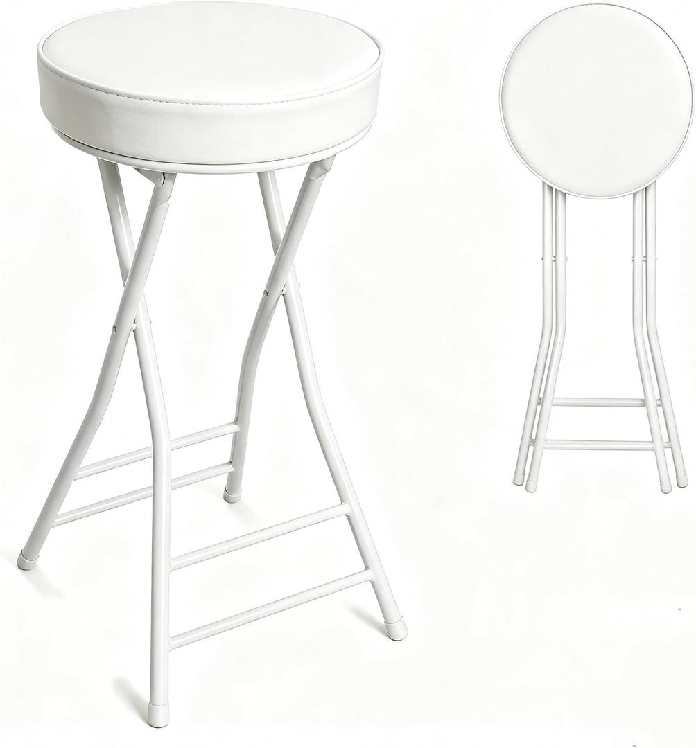 Folding Bar Stool,24 Inch Tall Foldable Stool Chair,Counter Height Cushioned Leather Padded Portable Stools,Heavy Duty Collapsible Stools for Kitchen Island Garden Camping White, 24B*1