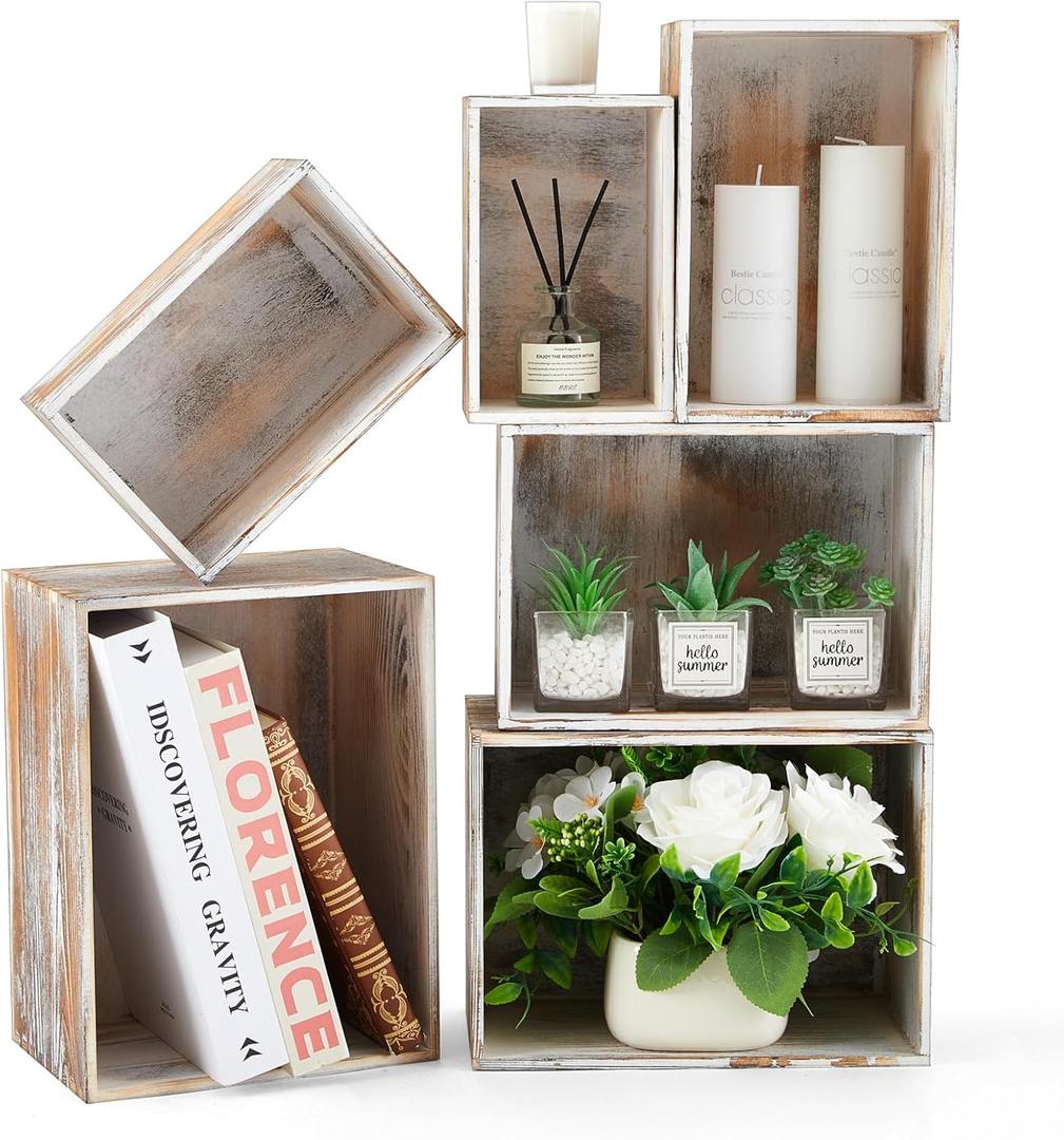 Juexica Set of 6 Farmhouse Wooden Crate Antique Wood Crates for Pantry Decor Organizer Storage Rustic Wooden Crates for Display Decorative Solid Wooden Storage Box for Book Storage Organizing