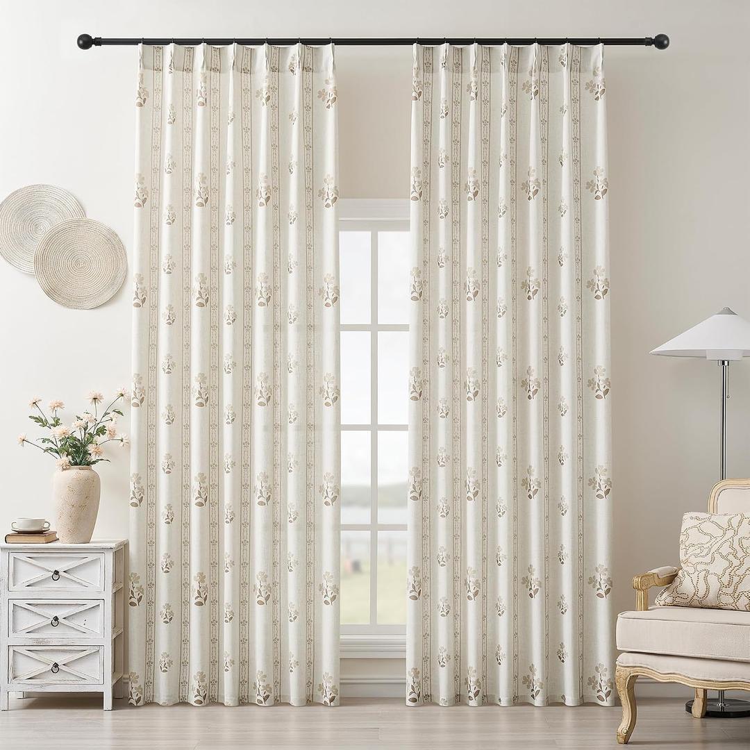 Coffee Pinch Pleated Floral Curtains 84 Inches Long for Living Dining Room Pinch Pleat Light Filtering Linen Semi Sheer Curtains Tan Brown Flower on Beige Pattern Printed Boho Farmhouse Drapes 40x84