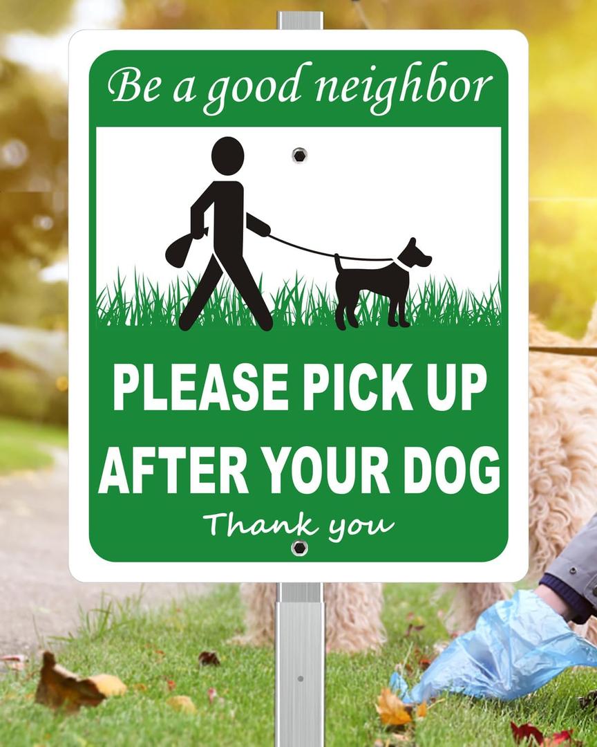 Heavy Duty Aluminum Pick Up After Your Dog Sign, 12" x 10" Metal Please Clean Up After Your Dog Signs With 28" Stake, Be A Good Neighbor Pick Up Your Dogs Poop Yard Sign, Polite, Weather Resistant