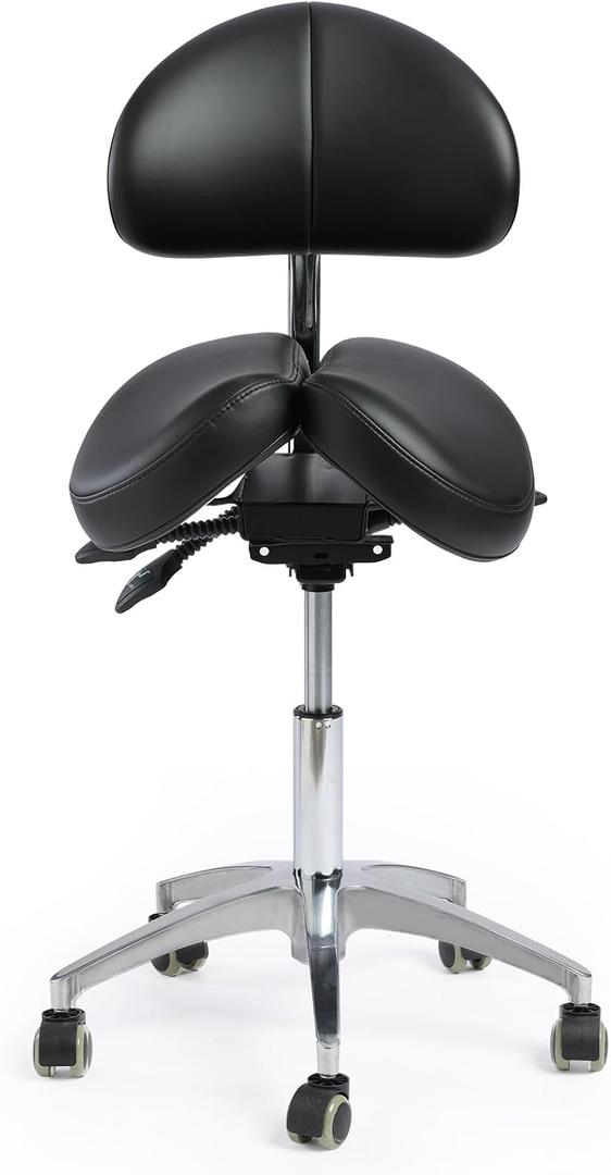Saddle Stool with Wheels,Rolling Stool with Back Support&Split Seats,Ergonomic Stool Saddle Stool for Hair Stylist for Dentist Salon Tattoo(Black with Split Seats), 1 Pack