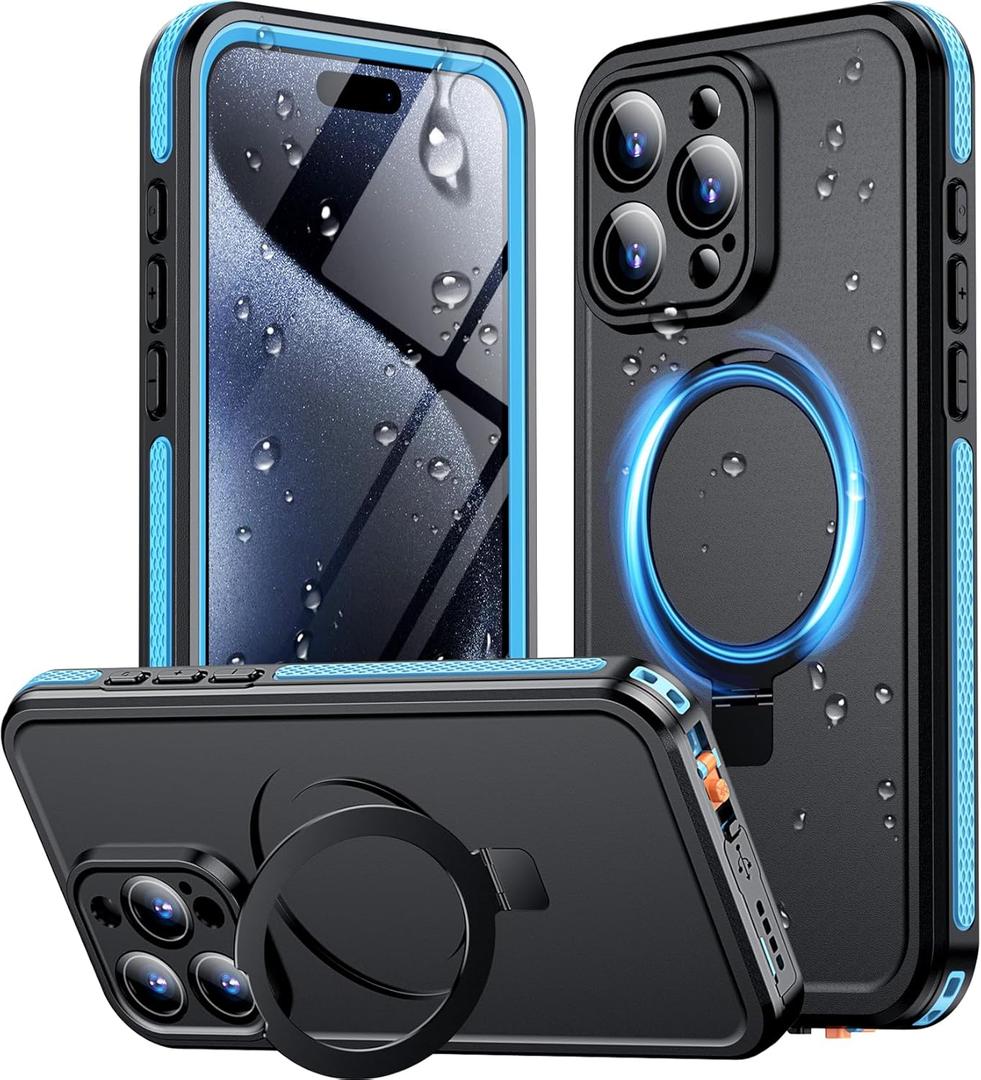 Temdan Magnetic for iPhone 15 Pro Max Case Waterproof, [Built-in Ring Invisible Stand & Screen Protector][IP68 Underwater][Dropproof][Dustproof][Real 360] Shockproof Protective Phone Case 6.7'' -Blue