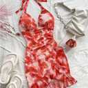 Women's Y2k Floral Print Halter Dress Tie Backless Asymmetrical Ruffle Summer Mini Dresses (Red, S)