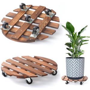 2 Pack 14" Plant Caddy with 5 Wheels, Rolling Plant Stand 220 LB Heavy Duty Wooden Round Plant Dolly with Metal 360 Lockable Caster Wheels for Outdoor Indoor Large Plant Pots, Flower Pot, Patio