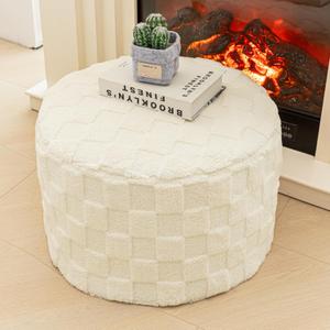 Round Pouf Ottoman Boho Poof Home Decor Floor Pouffe Ottoman Foot Rest for Couch Sofa Bean Bag Chairs Living Room Bedroom 20 x 20 x 14 Inches Ivory Checkered Pouf with Filler