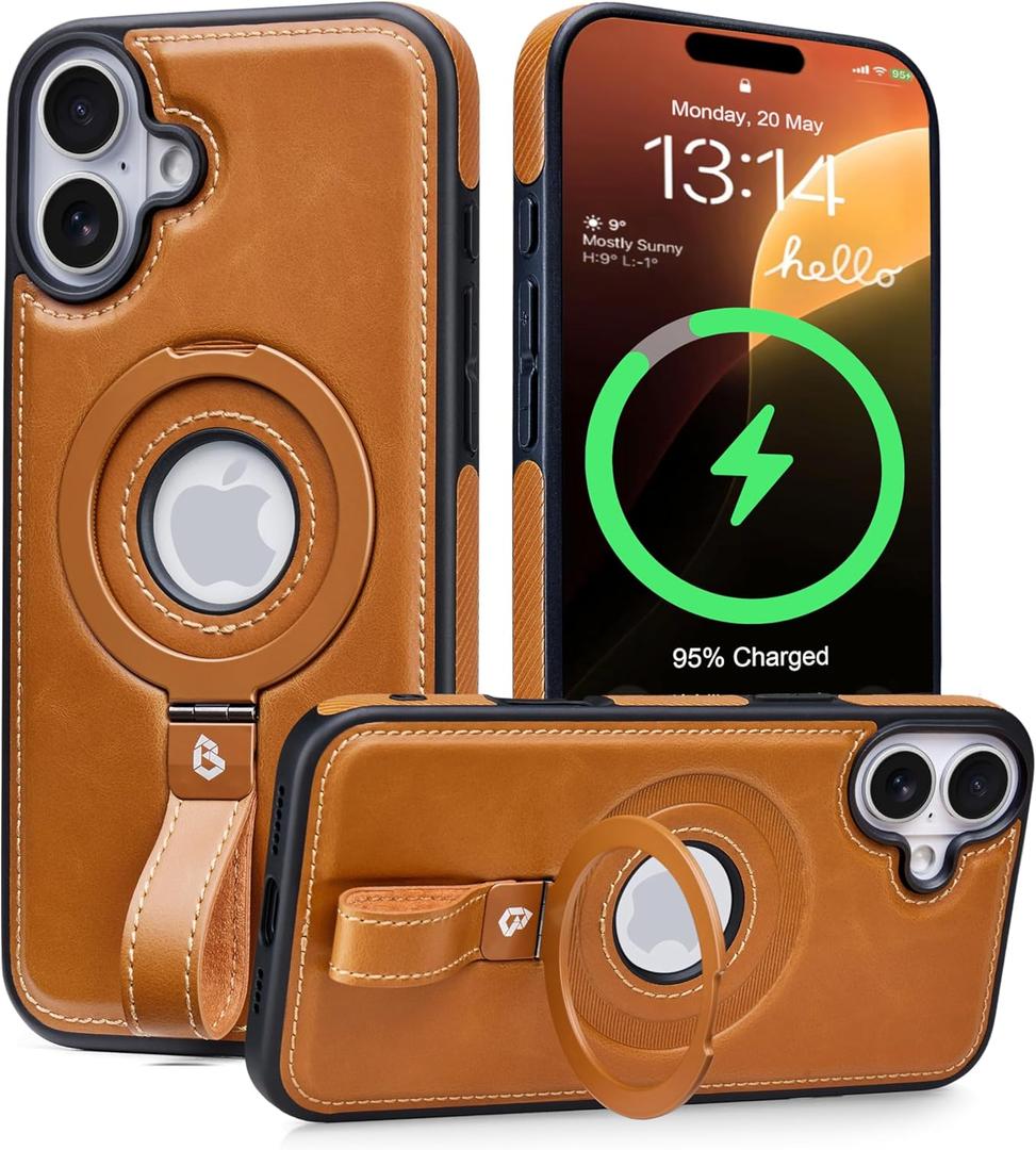 Butaiga for iPhone 16 Plus Leather Case with Stand, Anti-Slip Grip Ring, Fits for MagSafe (Brown, iPhone 16 Plus)