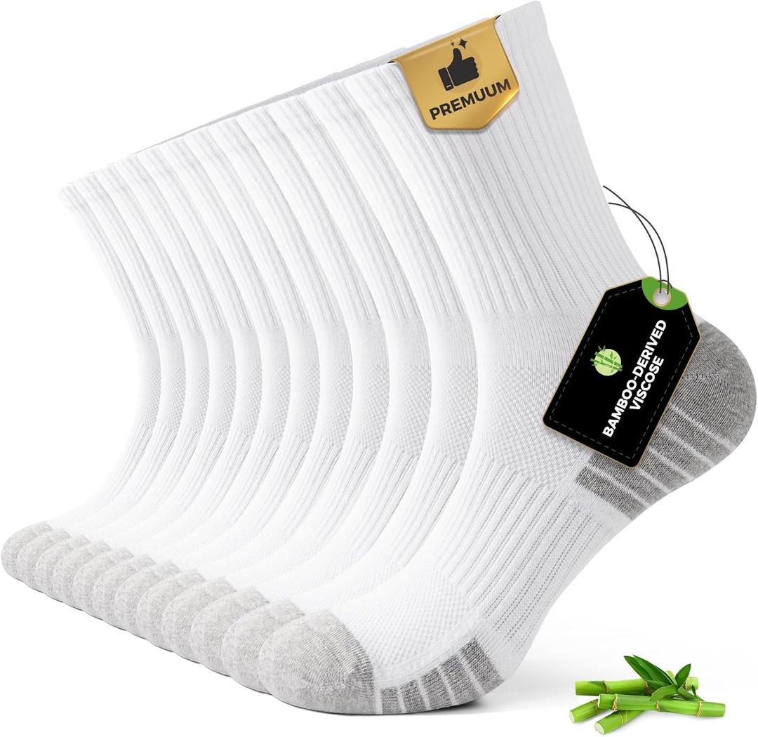 FALARY Men's Bamboo Viscose Crew Socks, Lightweight & Breathable,Moisture Wicking Comfort Fit with Arch Support, 6 Pack (White)