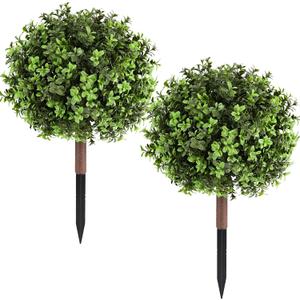 Pertivery 2 Pack Artificial Boxwood Topiary Ball Plants, 23.6Inch UV Resistant Artificial Boxwood Ball Bush, with Ground Spikes, Indoor Outdoor Potted Plants for Porch, Garden, Front Door Decor