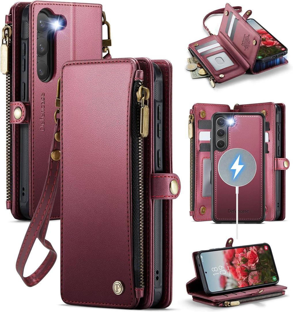 Defencase for Galaxy S23 Magnetic Wallet Case Compatible with Magsafe with RFID Blocking Zipper & Card Holder for Women Men, PU Leather Detachable Phone Case for Samsung Galaxy S23 5G 6.1", Wine Red
