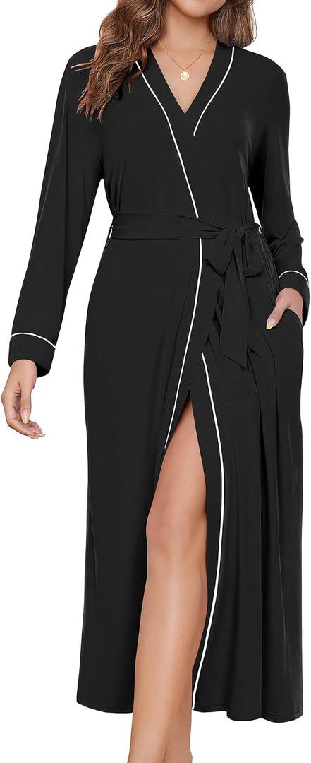 Ekouaer Womens Robes Lightweight Soft Knit Bathrobe Full Length Sleepwear with Pockets Ladies Loungewear S-3XL (Black, M)