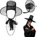 Traditional Korean Gat Cosplay Hat  Black Mesh Joseon-Style Hat with Beaded Chin Strap & Ribbon | Kpop Boy Group Costume Accessory for Men, Halloween, Stage Events