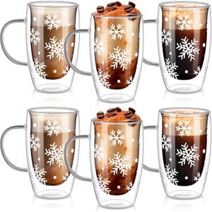 Sliner 6 Pack Christmas Snowflake Double Wall Glass Coffee Mugs with Handle 15 oz Clear Insulated Glasses Cups Winter Holiday Mugs for Cappuccino Latte Espresso Tea Bag Beverage Hot Chocolate