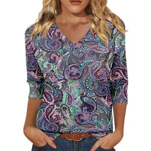 KISSMODA 3/4 Length Sleeve Shirts for Women Floral Business Shirts Tops Blouses Tops Loose Fit T-Shirts (Large, B Purple Green)