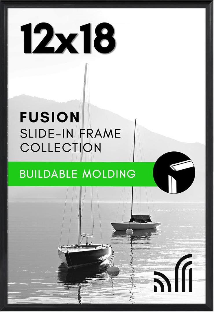 Americanflat 12x18 Poster Frame with Polished Front Cover - Slide-In Photo Frame with Buildable Molding - Fusion Collection - Picture Frames for Wall Display - Black
