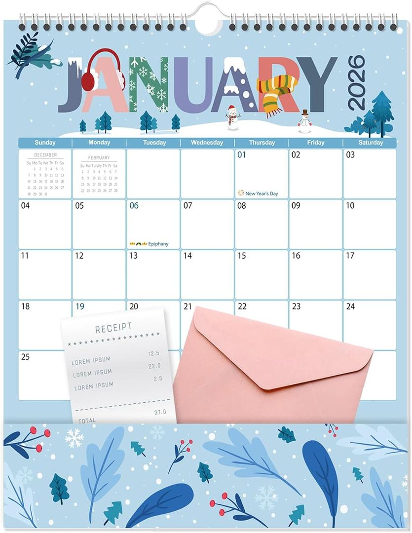 GuassLee Pocket Wall Calendar 2025, 14"x11" Monthly Wall Calendar with Pockets From Jul. 2025 to Jun. 2026, 12-Month Aesthetic Hanging Wall Planner for Home Office School Organizing (Blue)