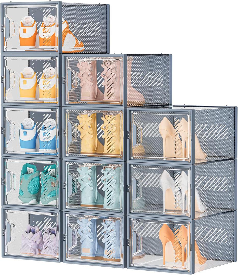 SIMPDIY Shoe Storage, 12 Pack X-Large Shoe Organizer for Closet, Shoe Boxes Clear Plastic Stackable Shoe Storage Boxes for Size 13