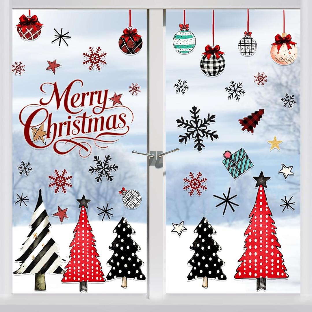 9 Christmas Tree Window Clings, Xmas Tree Snowflake Window Stickers,Merry Christmas Windows Clings, Red Black Xmas Trees Ball Snowflake Snowy Forest Glass Decals for Winter Home Party Decor