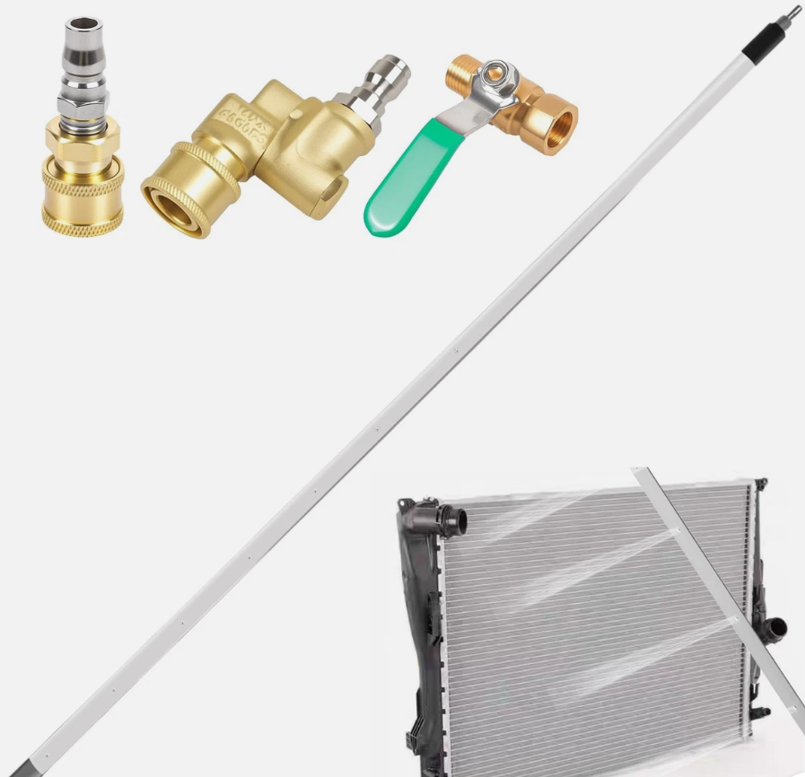 PWACCS Radiator Cleaning Tool, 48" Car Radiator Cleaning Wand, Dual Radiator Pressure Washer Flat Wand for Household Cars, Trucks, RV Radiators, with Quick Couplers & Brush