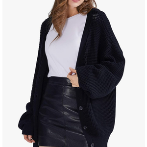 QUALFORT Cardigan Sweaters for Women 100% Cotton Button-Down Long Sleeve Oversized Knit Outerwear, L