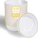30 Pack 16oz White Plastic Bowls, 6.3in Disposable Soup Bowls with Gold Rim Heavy Duty Salad Bowls for Party, Wedding