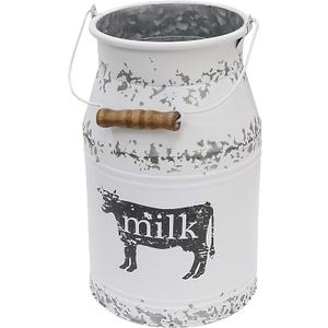 Metal Big Cow Galvanized Milk Can with Wooden Handle, Rustic White Farmhouse Vase Planter, Primitive Decorative Flower Holder for Home Wedding Table Centerpiece Decor Large - 11"