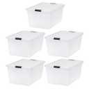 IRIS USA 68 Qt Stackable Plastic Storage Bins with Lids, 5 Pack - BPA-Free, See-Through Organizing Solution, Latches, Durable Nestable Containers, Secure Pull Handle, Made in USA - Clear