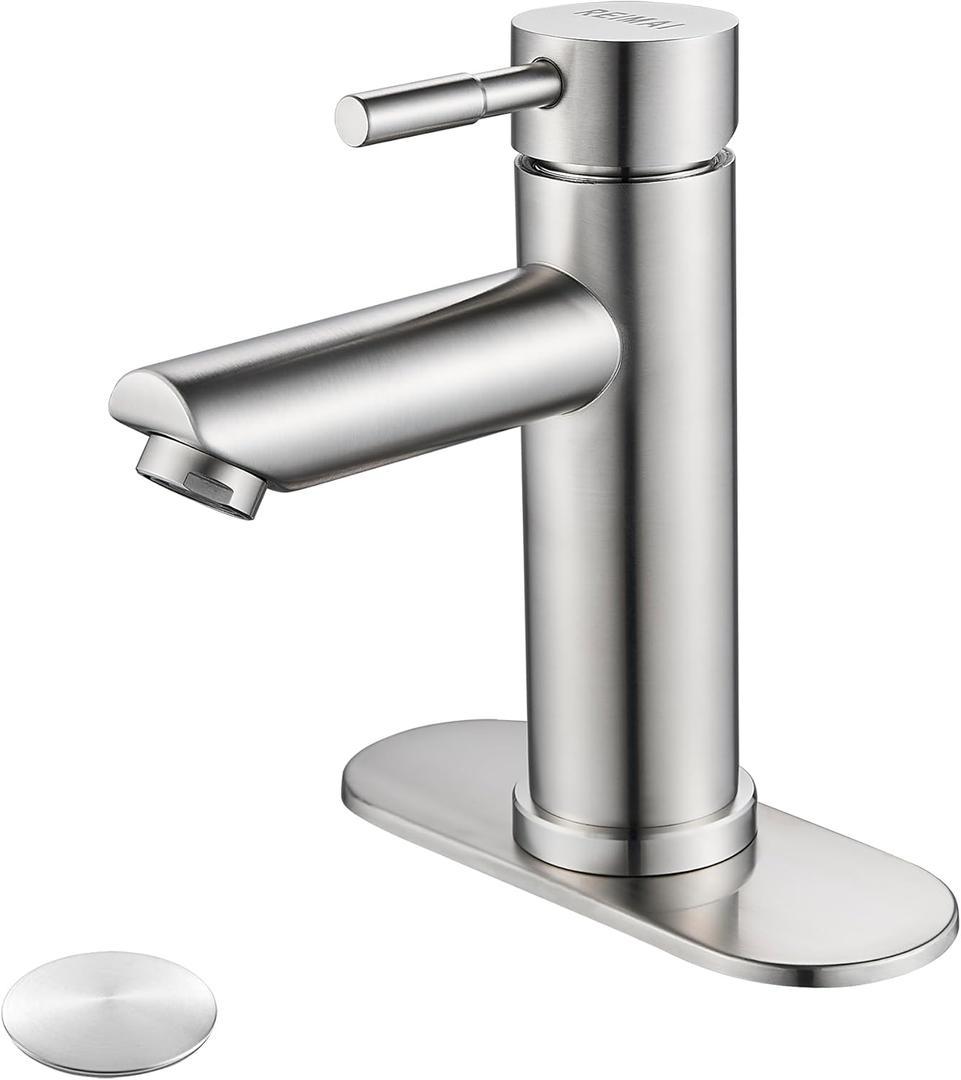 Single Handle Bathroom Sink Faucet Brushed Nickel, Modern Single Hole Bathroom Faucet Stainless Steel Commercial Basin Faucet (Brushed Nickel, with Drain)