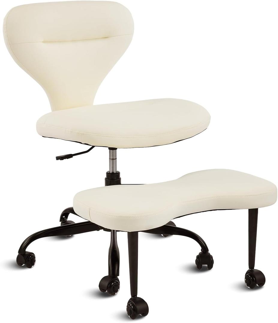 YFO Ergonomic Cross Legged Office Chair and ADHD Meditation Chair with Silent Wheels for Home Office Desk Chair and Yoga, Wider Backrest Support and Storage Pockets Design, PU Leather, Cream, 23.6 inches x 19.3 inches x 33 inches