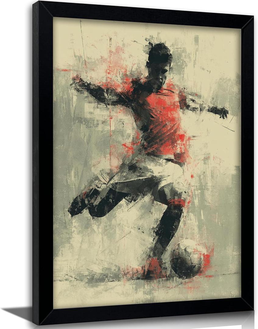Framed Vintage Soccer Wall Art, Vintage Football Player Canvas Print, Dynamic Soccer Action Poster with Solid Wood Frame, Retro Sports Wall Decor for Boys Bedroom Bar, 16"L x 24"W
