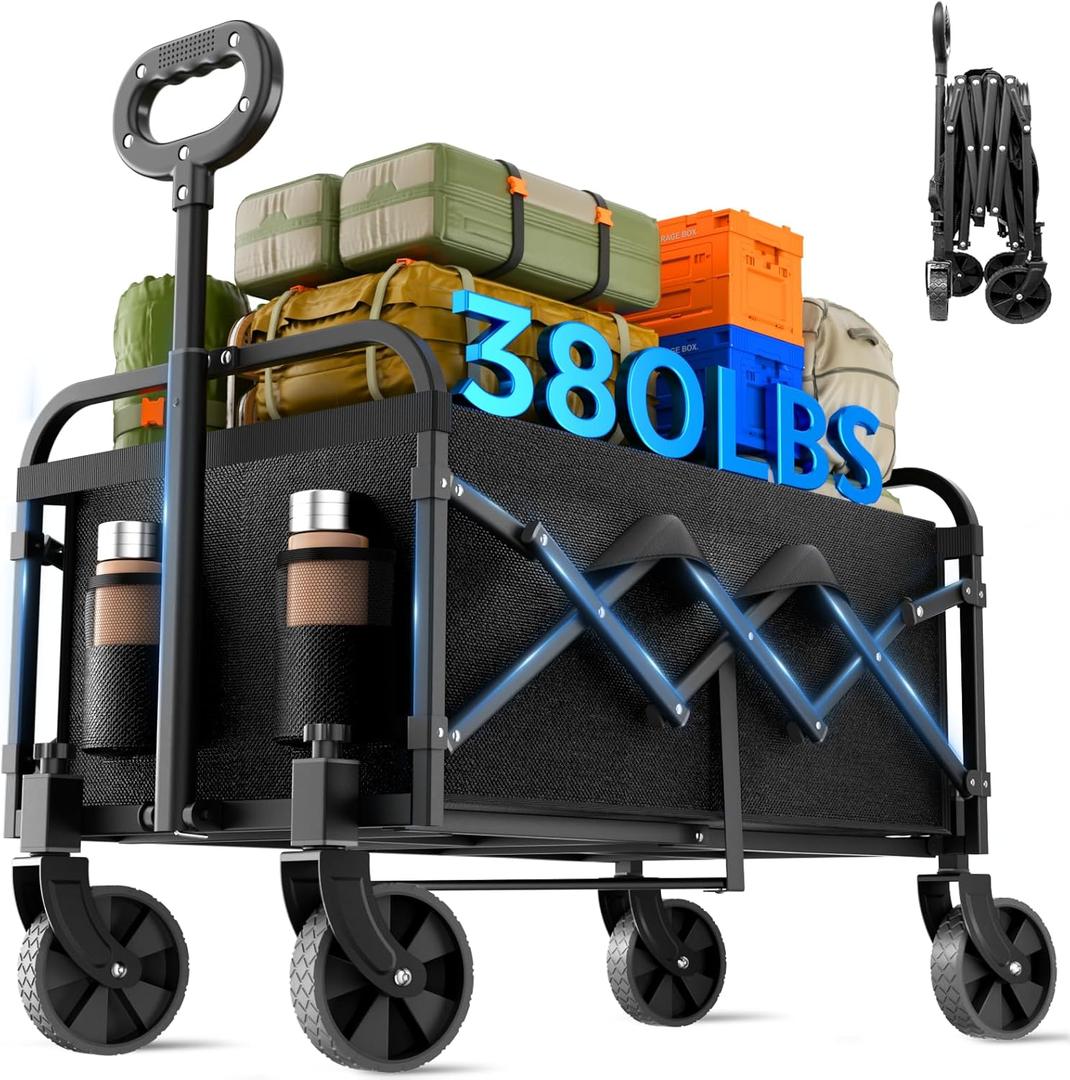 Collapsible Wagon 380 lbs, Heavy Duty Wagons Carts Foldable, Shopping Cart with All-Terrain Wheels & 2 Drink Holders, Weatherproof, Wagon Cart for Home, Outdoor,Beach,Camping, Sports, Black