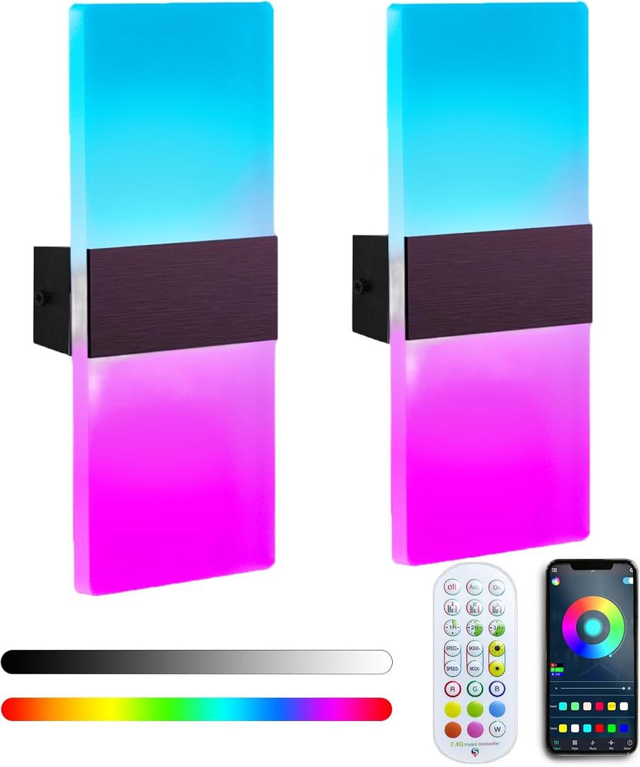 RGB Wall Sconces Set of 2, Modern 16 Million Colors Wall Lights, Dimmable Wall Mounted LED Scones, Color Changing Night Lights with Remote/APP Control for Bedroom Besides/Stairs/Hotel/Porch