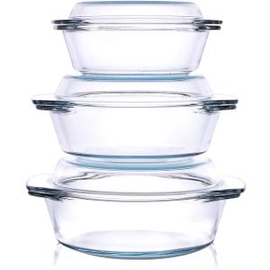 Set of 6 Pieces Round Tempered Glass Casserole Dish with Lids, Glass Casserole Baking Dish Set for Oven, Freezer and Dishwasher Safe - 0.7QT+1QT+1.5QT