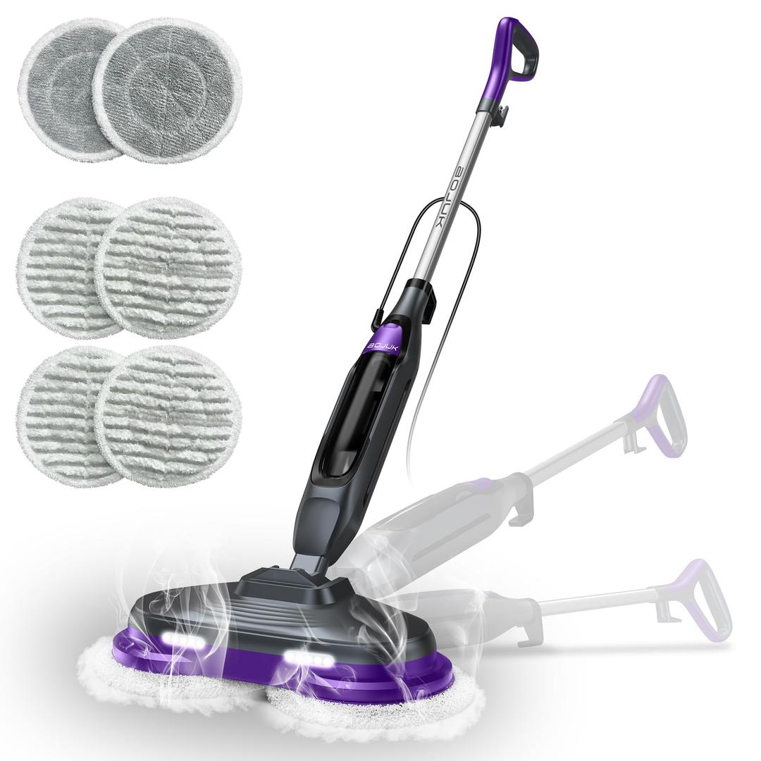 BOJUK Scrub & Steam Mop with Rotating Mop Pads, 4 Cleaning Modes & LED Headlights, 6 Scrub Pads, Large Tank, Swivel Steering, All-in-One Hard Floor Cleaner