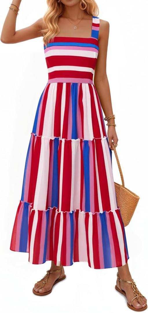 Yousify Womens Summer Maxi Dress 2026 Striped Casual Patchwork A Line Smocked Long Dress Boho Flowy Swing Beach Sundress, 2XL