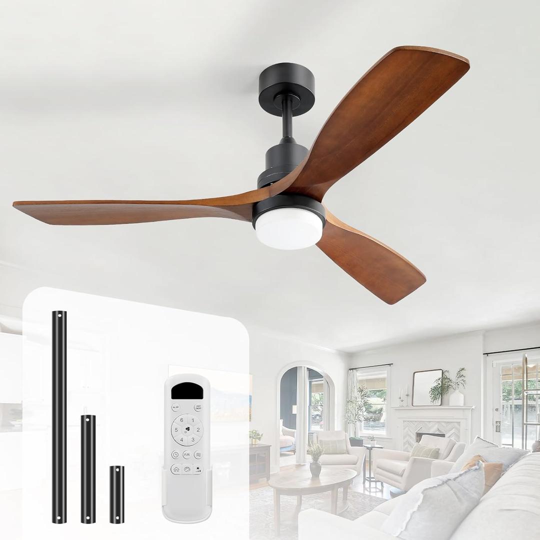 Sofucor 52 Inch Solid Wood Ceiling Fans With Lights, Low Profile Ceiling Fan with Light and Remote, 3 Downrod, Reversible DC Motor, Indoor/Outdoor 3 Blade Ceiling Fan Light for Bedroom Farmhouse Patio (Walnut blades+Matte Black body+3 Downrods)