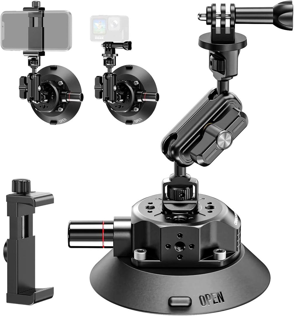 CAMBOFOTO 4.6" Camera Suction Cup Mount with Ball Head Magic Arm, Car Mount with Action Camera Adapter and Phone Holder, Compatible with DSLR Cameras Sony, Canon, Nikon/Phone/DJI/Insta 360 (Black)