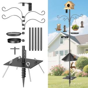 Upgraded Heavy Duty Bird Feeder Pole, 92 Inch Squirrel Proof Adjustable Bird Feeding Station,1 Inch Dia Bird House Pole, 4 Shepherd Hooks for Feeder Stand, Includes Water Bowl & Mesh Tray
